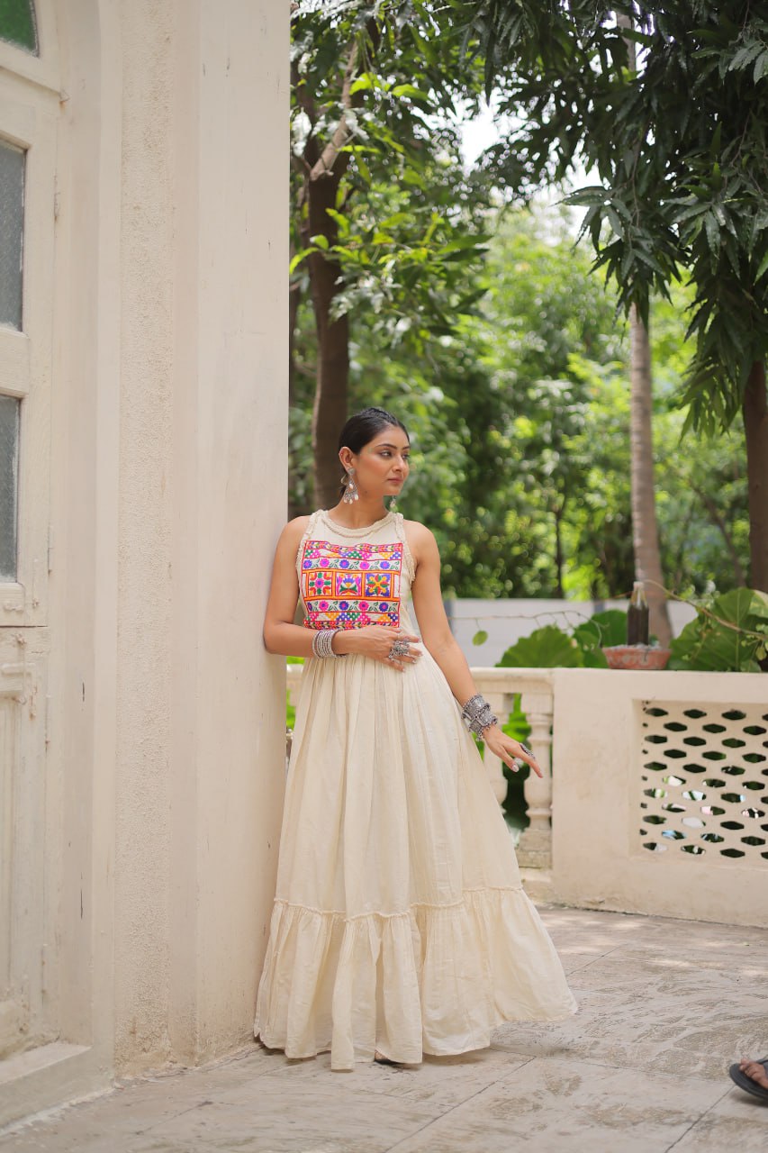Aarzoo Off-White Kora Cotton with Multi Thread Embroidered Work Flared Dress
