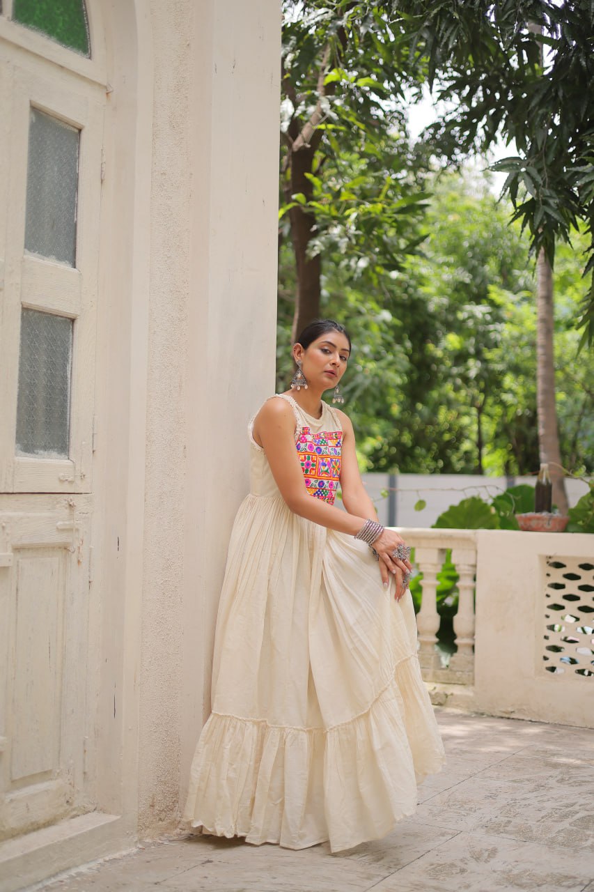 Aarzoo Off-White Kora Cotton with Multi Thread Embroidered Work Flared Dress