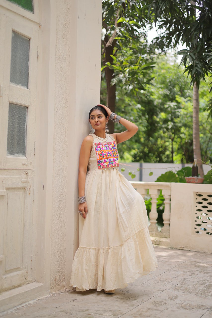 Aarzoo Off-White Kora Cotton with Multi Thread Embroidered Work Flared Dress