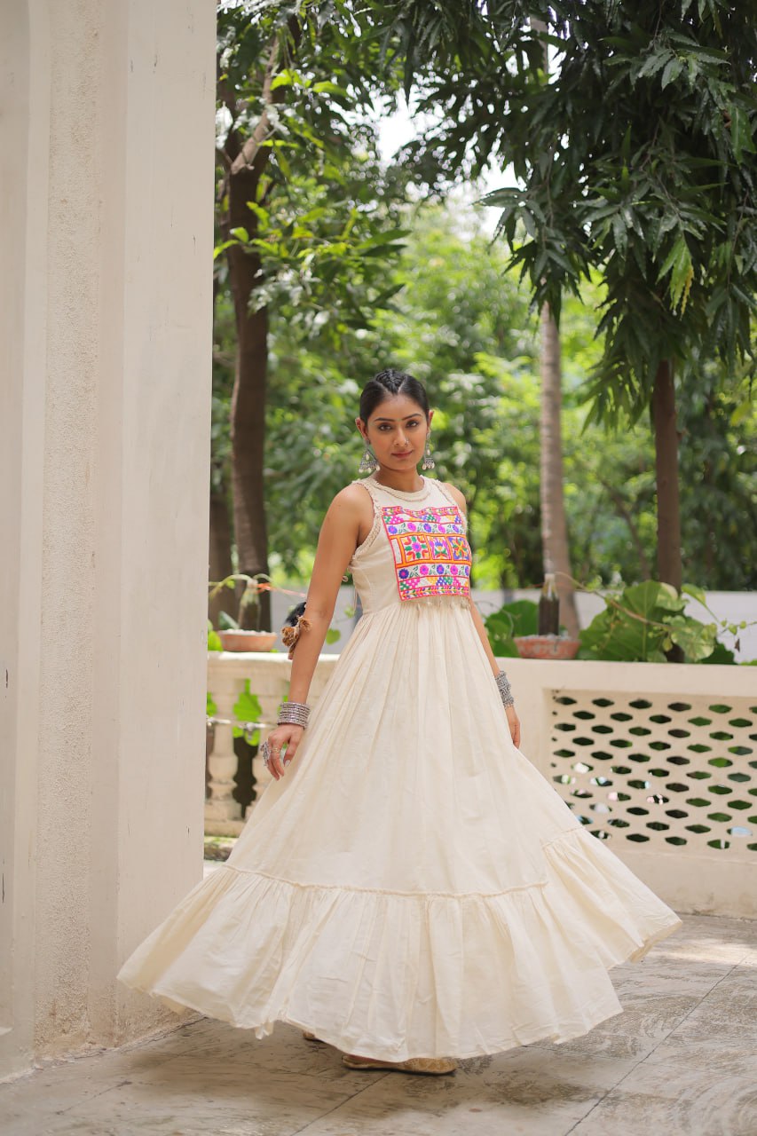 Aarzoo Off-White Kora Cotton with Multi Thread Embroidered Work Flared Dress