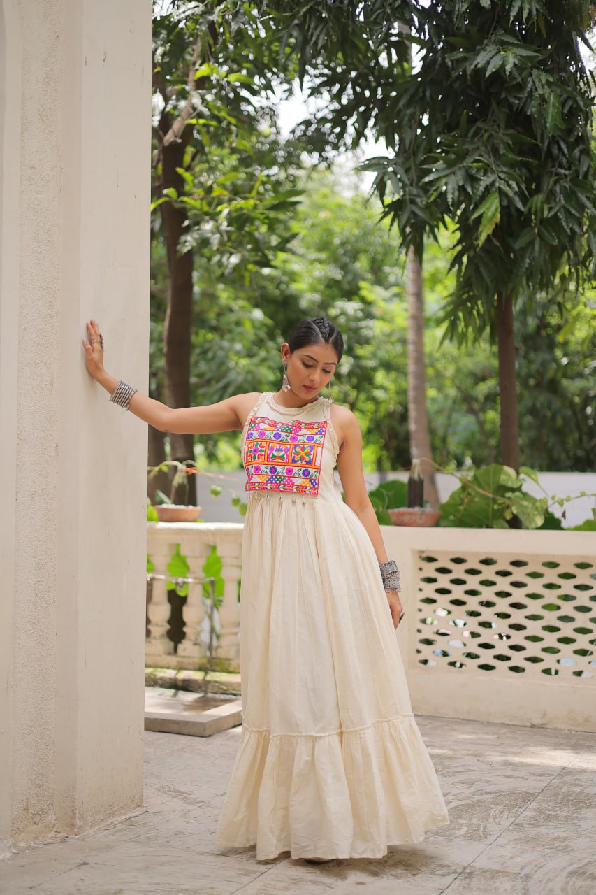 Aarzoo Off-White Kora Cotton with Multi Thread Embroidered Work Flared Dress