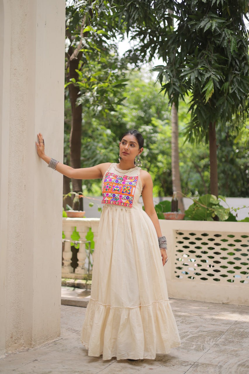 Aarzoo Off-White Kora Cotton with Multi Thread Embroidered Work Flared Dress