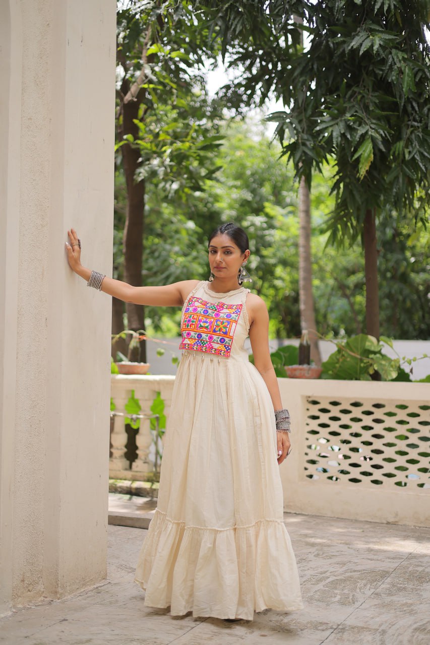Aarzoo Off-White Kora Cotton with Multi Thread Embroidered Work Flared Dress