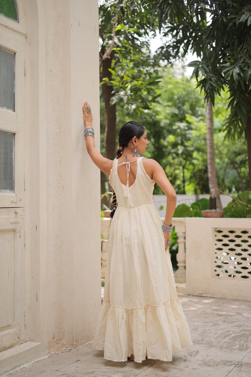 Aarzoo Off-White Kora Cotton with Multi Thread Embroidered Work Flared Dress