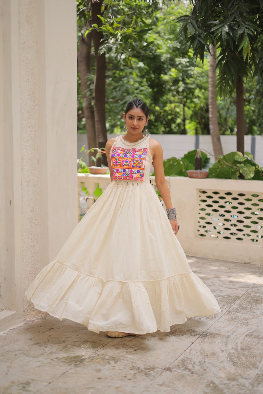 Aarzoo Off-White Kora Cotton with Multi Thread Embroidered Work Flared Dress
