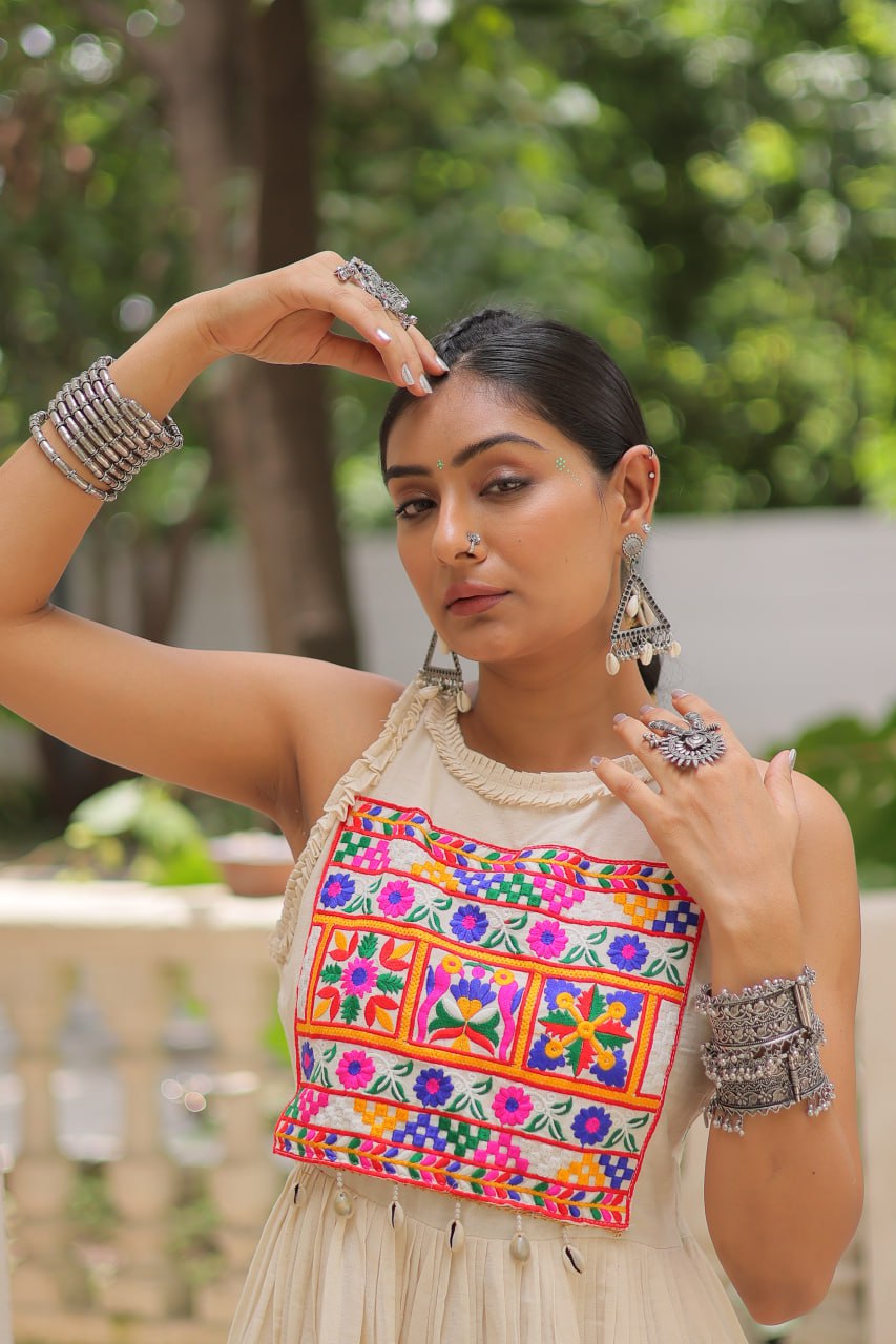 Aarzoo Off-White Kora Cotton with Multi Thread Embroidered Work Flared Dress