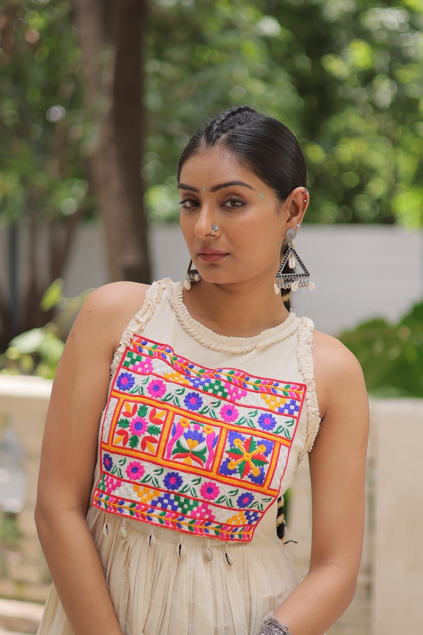 Aarzoo Off-White Kora Cotton with Multi Thread Embroidered Work Flared Dress