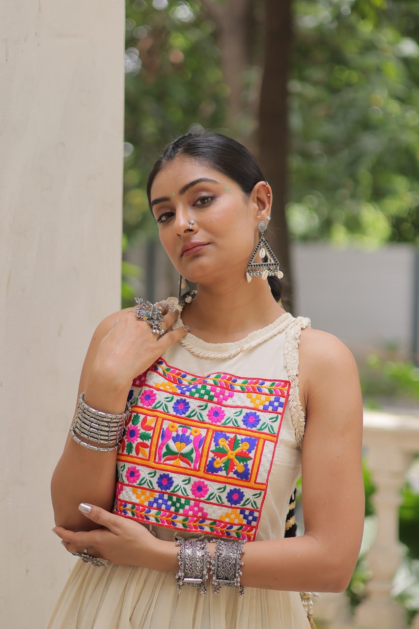 Aarzoo Off-White Kora Cotton with Multi Thread Embroidered Work Flared Dress