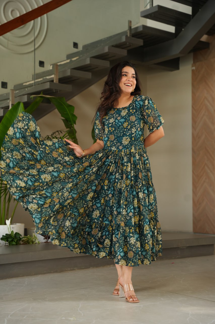 Emerald Bloom Midi Readymade Gown