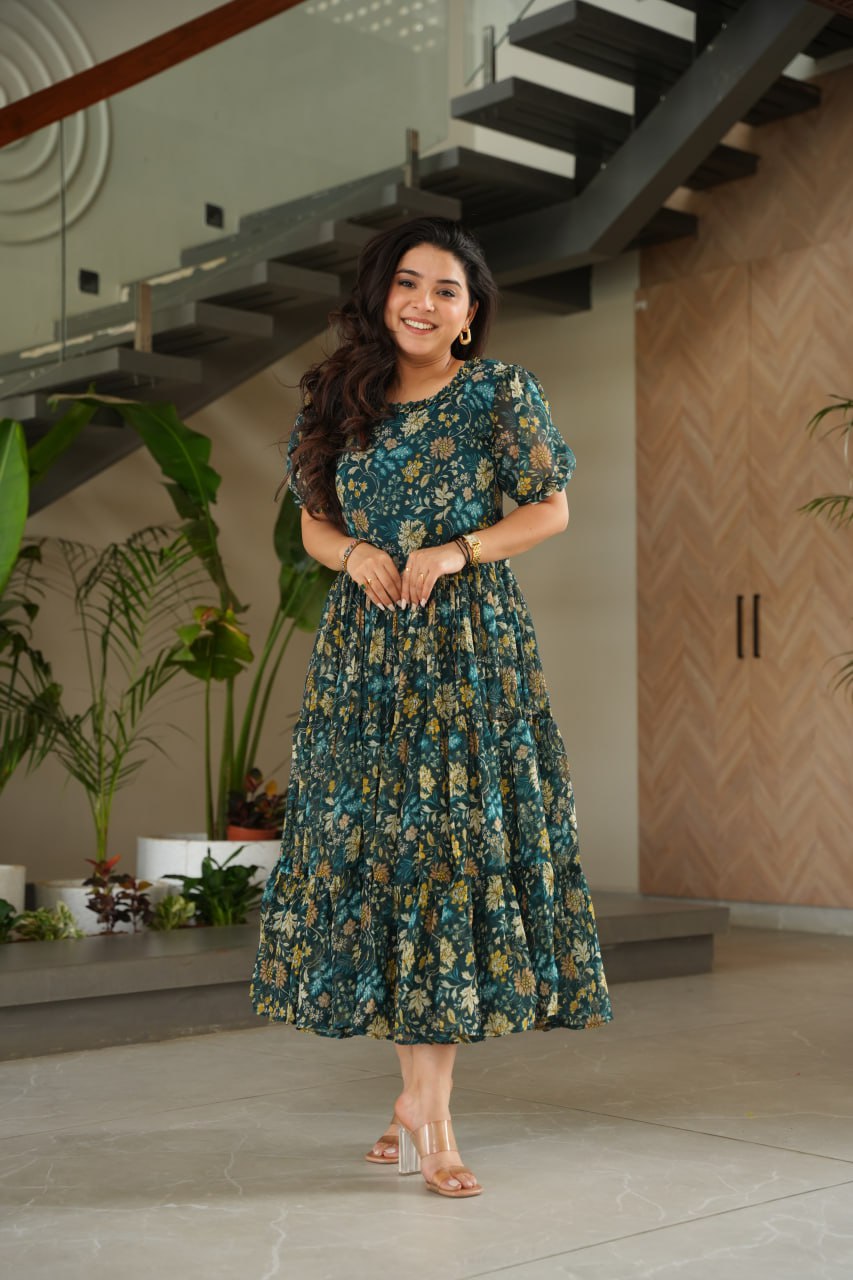 Emerald Bloom Midi Readymade Gown