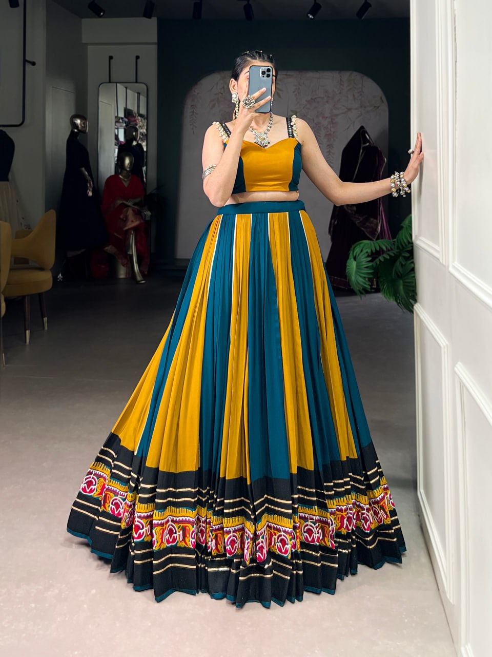 Vionaa’s Dandiya Delight: Mustard & Teal with Gold Detailing Lehenga Choli