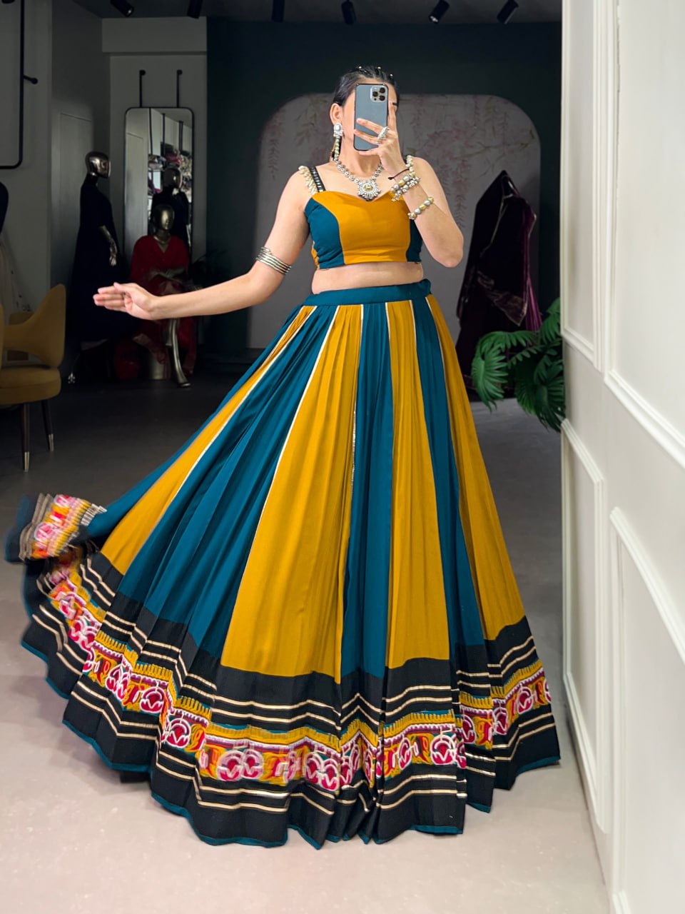 Vionaa’s Dandiya Delight: Mustard & Teal with Gold Detailing Lehenga Choli