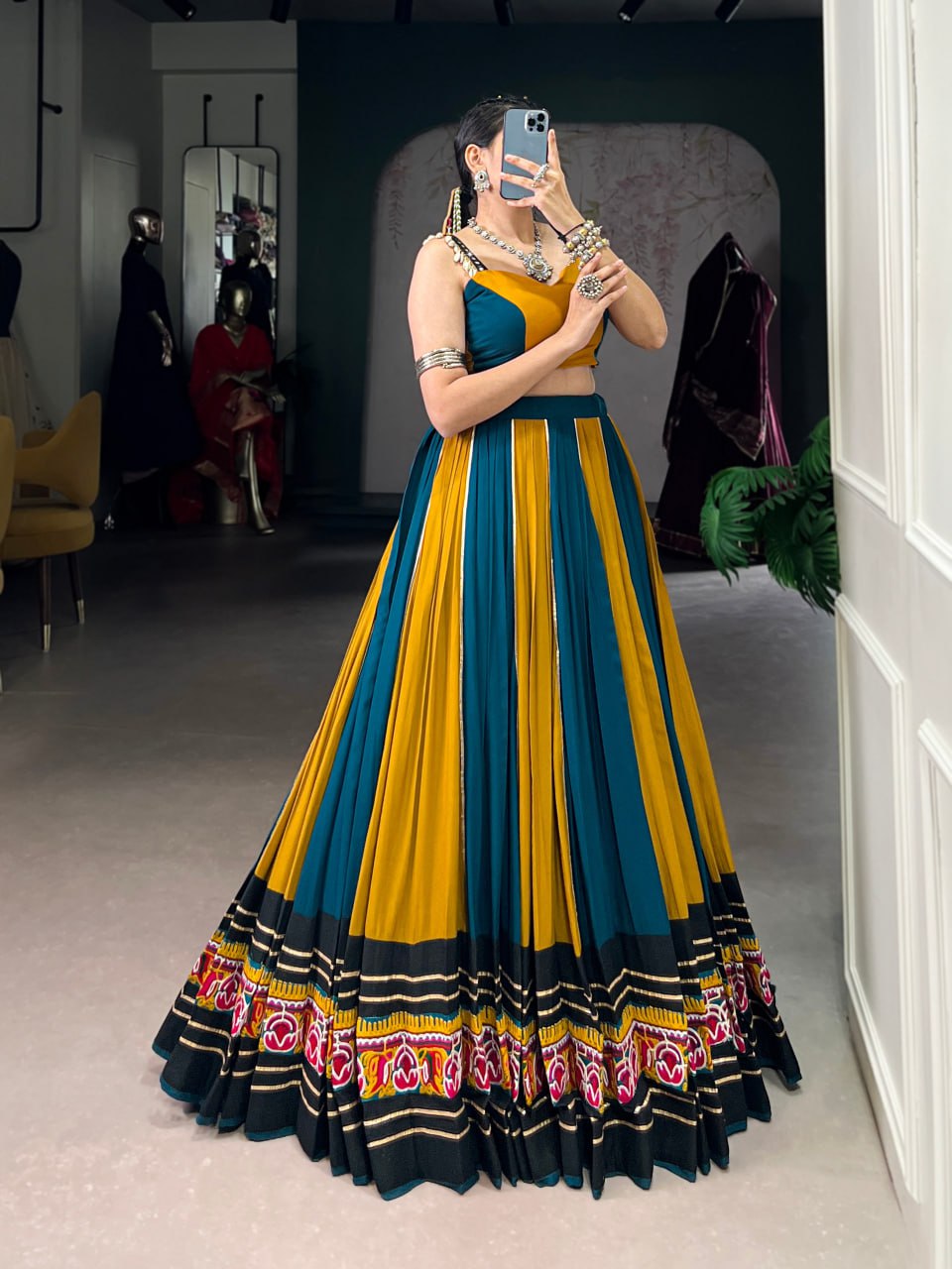 Vionaa’s Dandiya Delight: Mustard & Teal with Gold Detailing Lehenga Choli