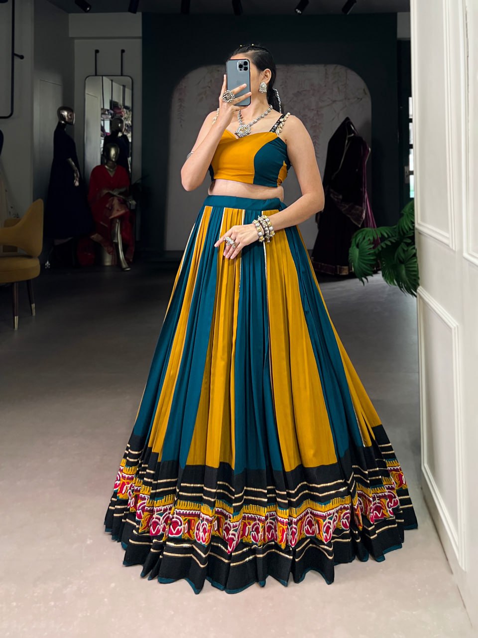Vionaa’s Dandiya Delight: Mustard & Teal with Gold Detailing Lehenga Choli