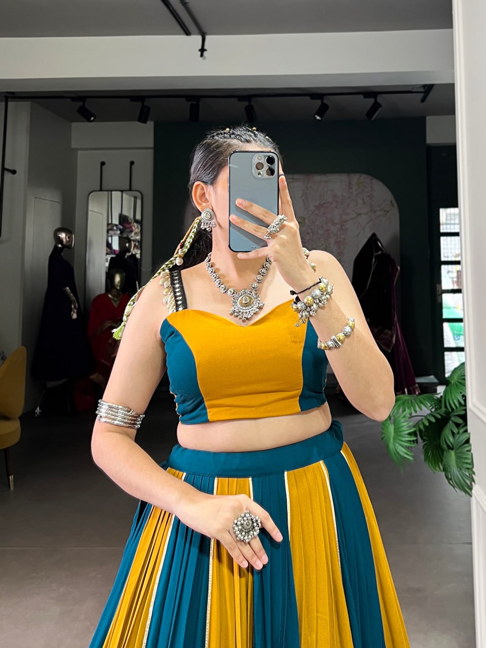 Vionaa’s Dandiya Delight: Mustard & Teal with Gold Detailing Lehenga Choli