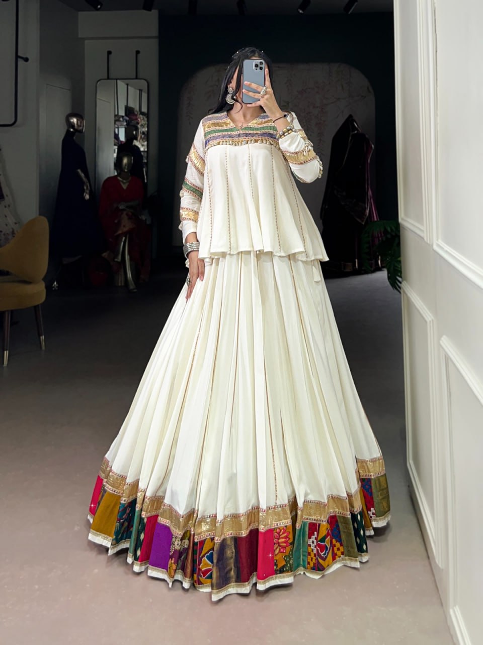 Navira in Ivory Mirror-Work Lehenga with Multicolour Border Magic