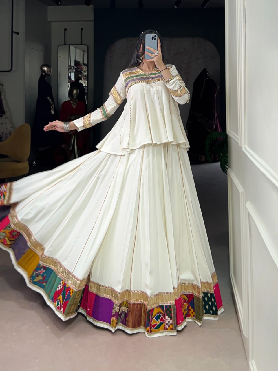 Navira in Ivory Mirror-Work Lehenga with Multicolour Border Magic