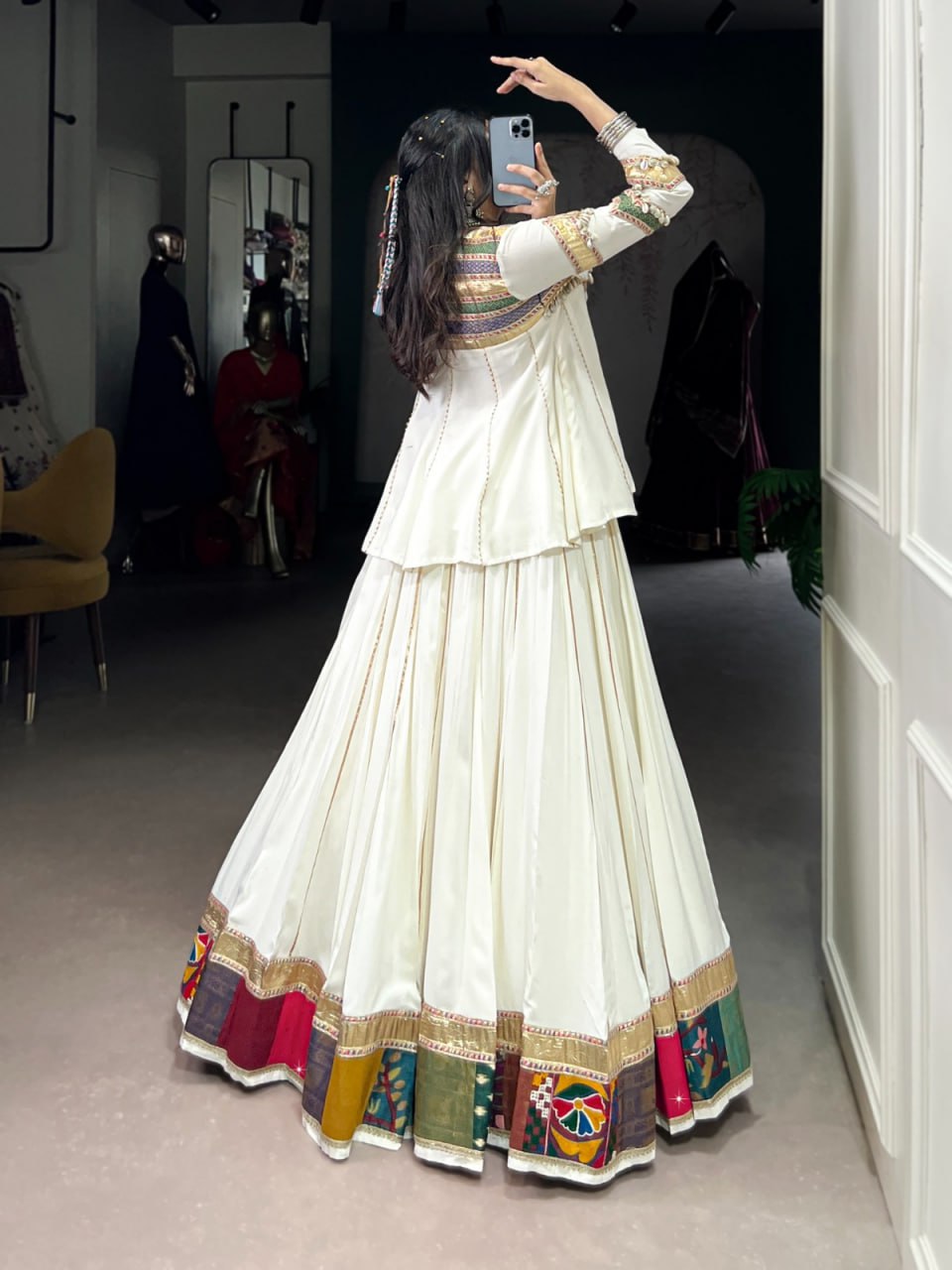 Navira in Ivory Mirror-Work Lehenga with Multicolour Border Magic
