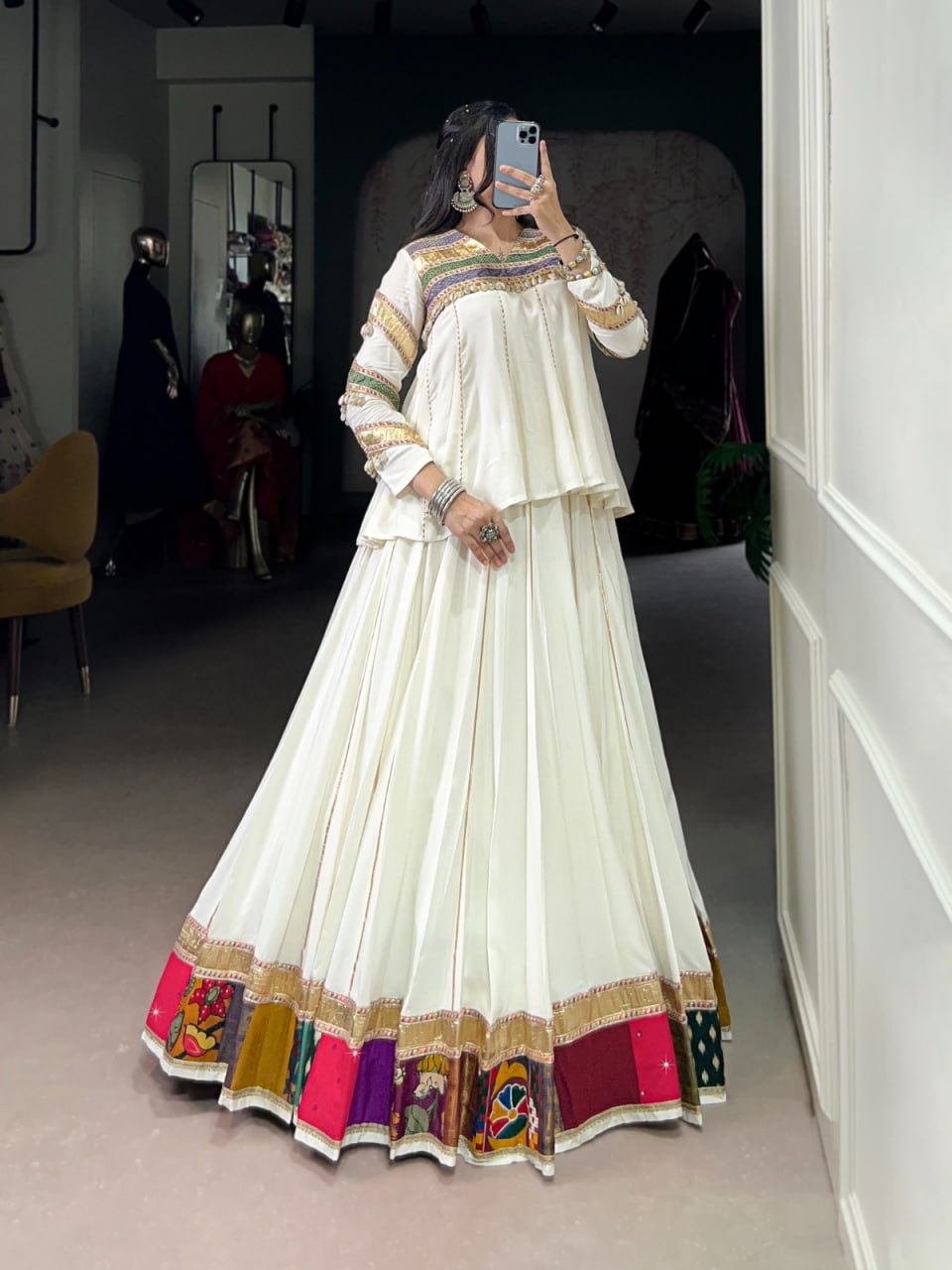 Navira in Ivory Mirror-Work Lehenga with Multicolour Border Magic