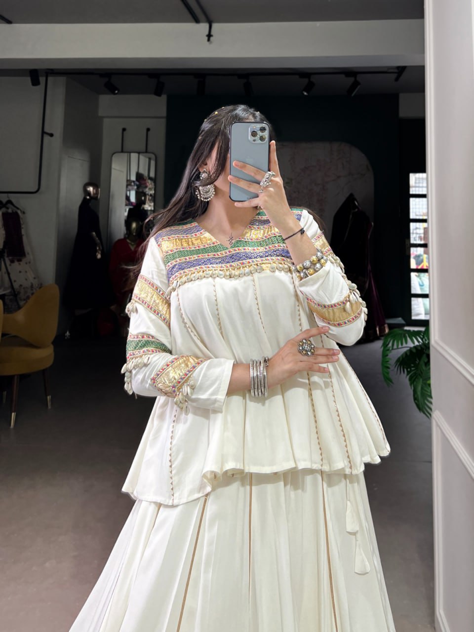 Navira in Ivory Mirror-Work Lehenga with Multicolour Border Magic