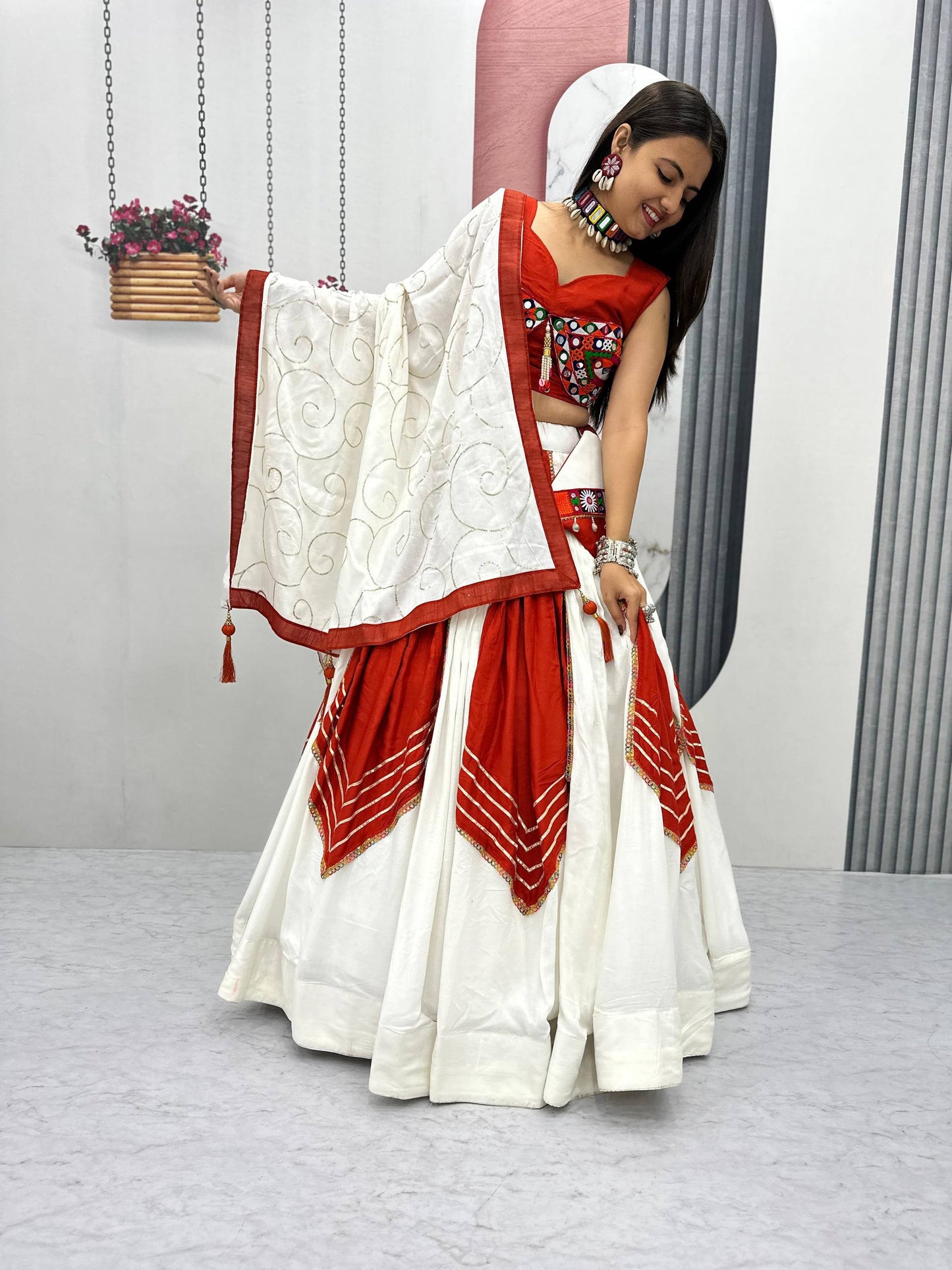 Elvisha in Red & White Mirror-Work Navratri Lehenga