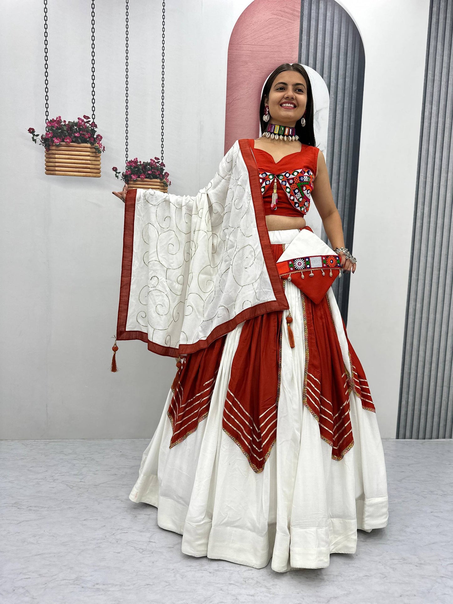 Elvisha in Red & White Mirror-Work Navratri Lehenga