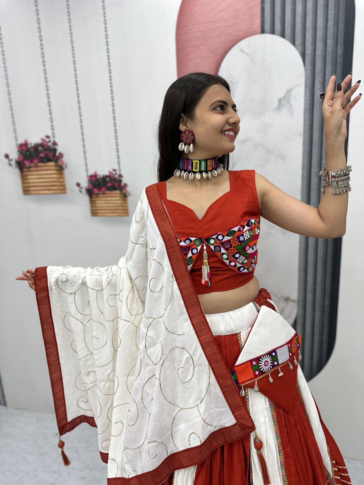Elvisha in Red & White Mirror-Work Navratri Lehenga