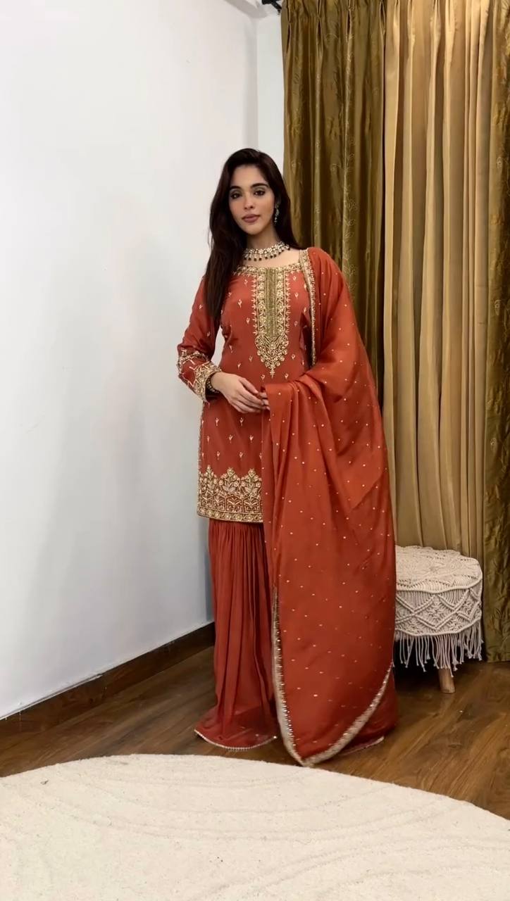 Adhara Designer New Simmer Silk Orange Plazzo Suit Set