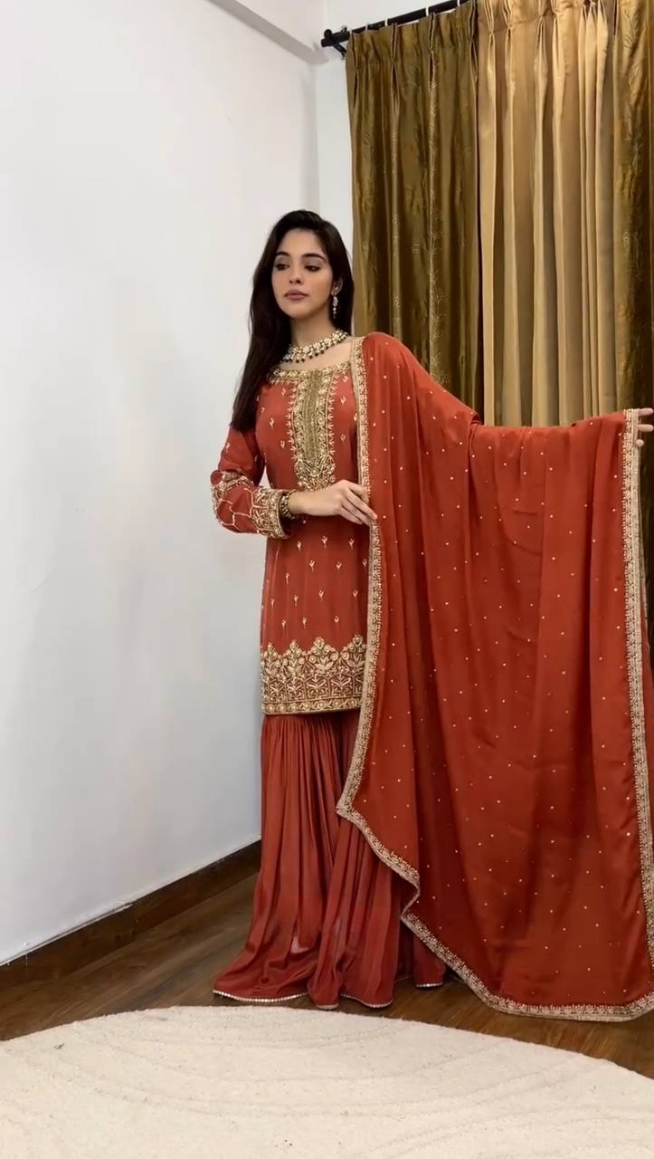 Adhara Designer New Simmer Silk Orange Plazzo Suit Set