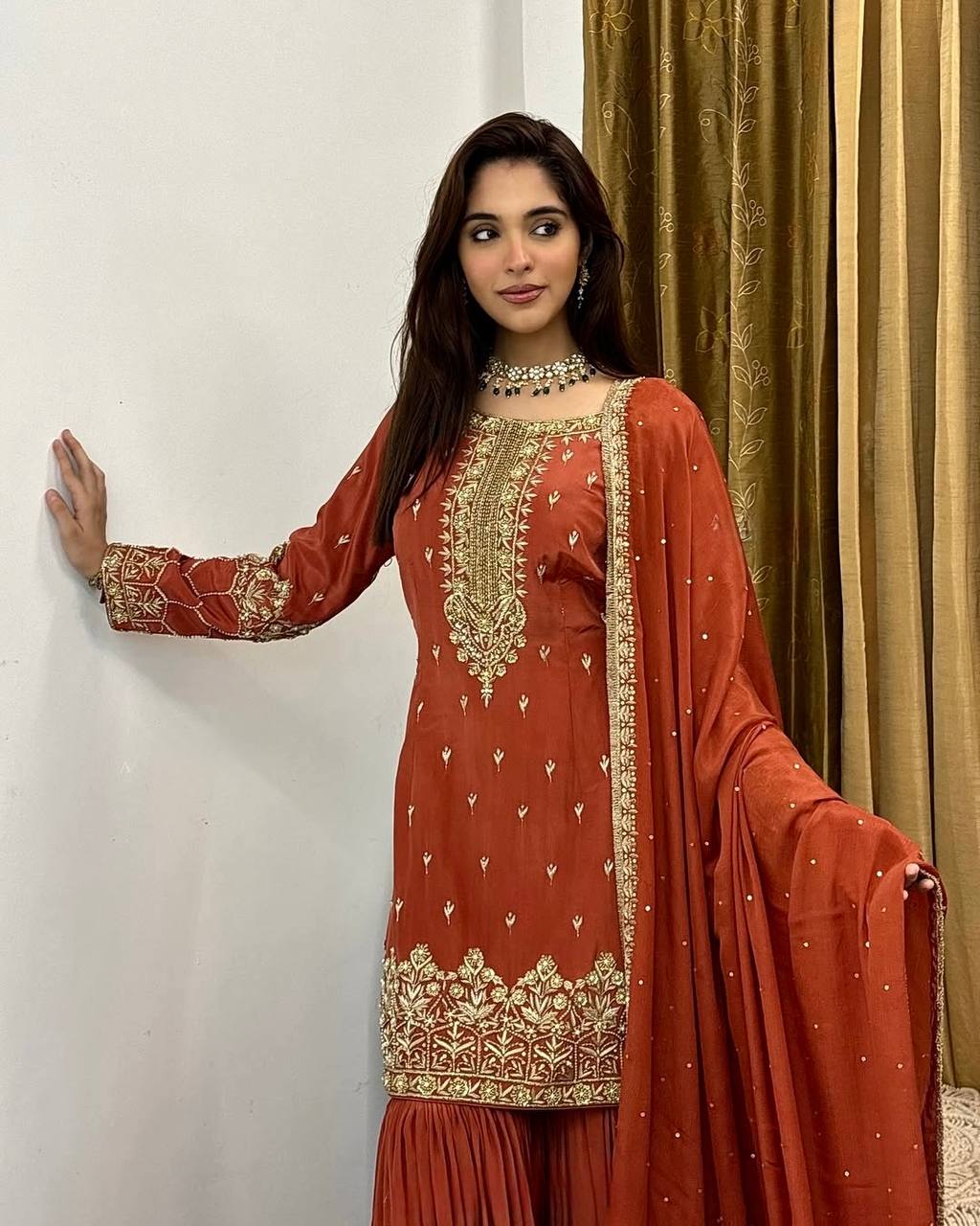 Adhara Designer New Simmer Silk Orange Plazzo Suit Set