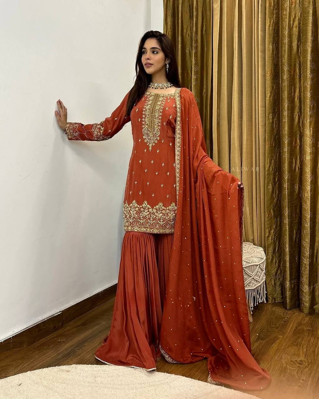 Adhara Designer New Simmer Silk Orange Plazzo Suit Set