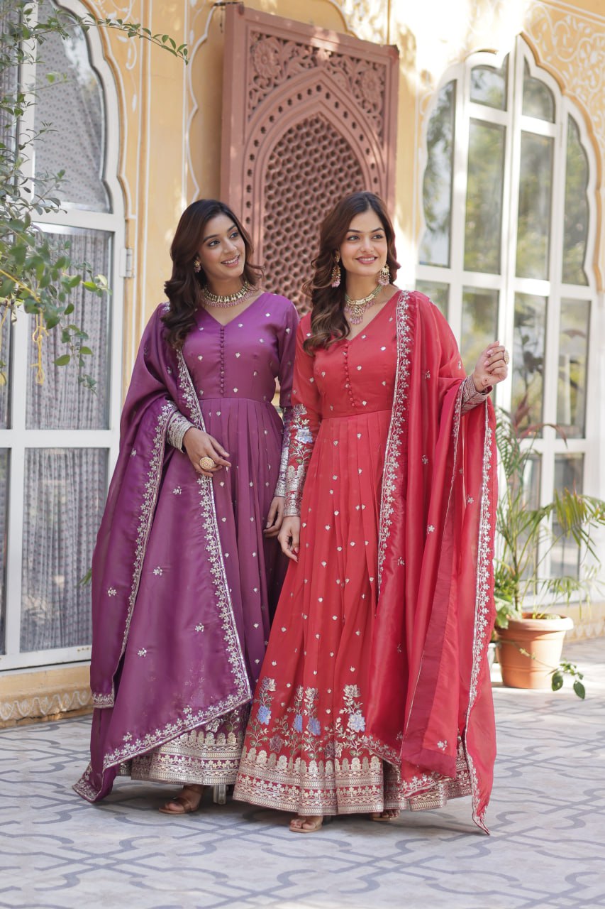 ropical Red & Purple Viscose Cosmos Anarkali Gown