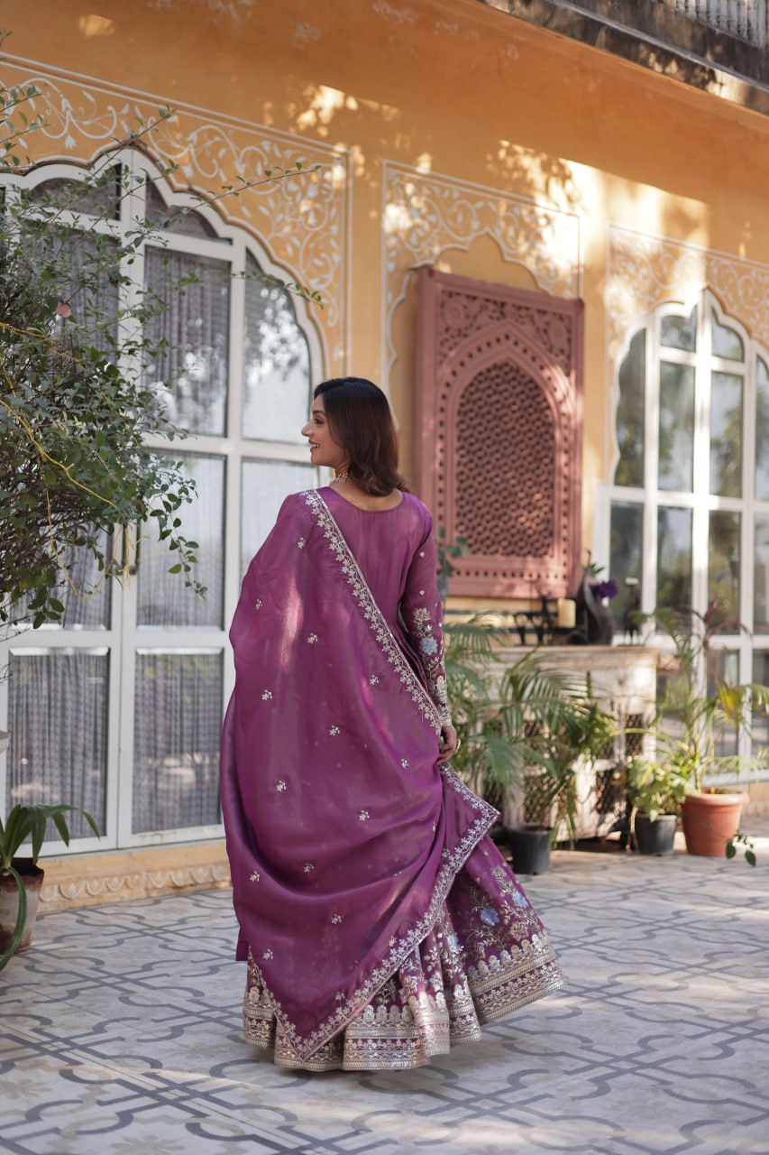 ropical Red & Purple Viscose Cosmos Anarkali Gown