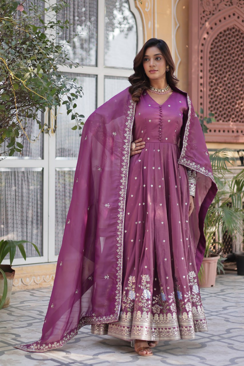 ropical Red & Purple Viscose Cosmos Anarkali Gown