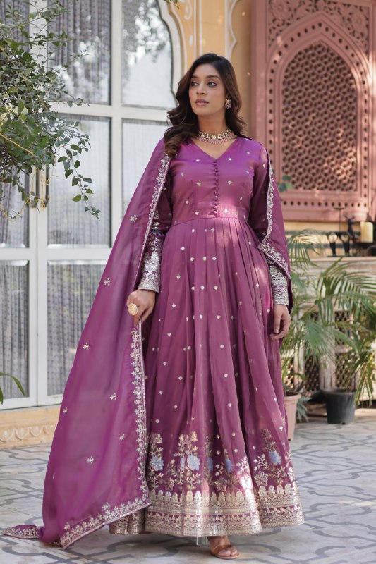 ropical Red & Purple Viscose Cosmos Anarkali Gown