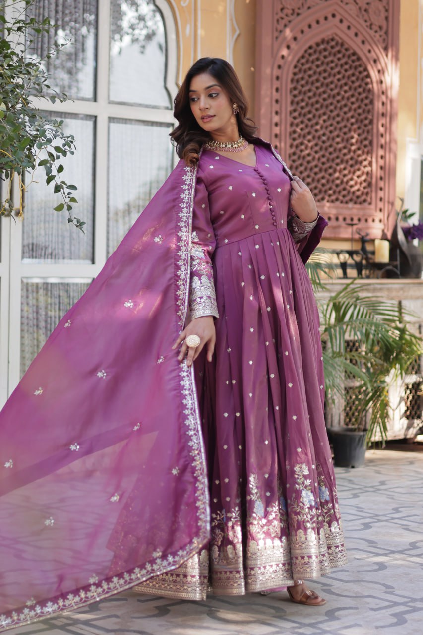 ropical Red & Purple Viscose Cosmos Anarkali Gown