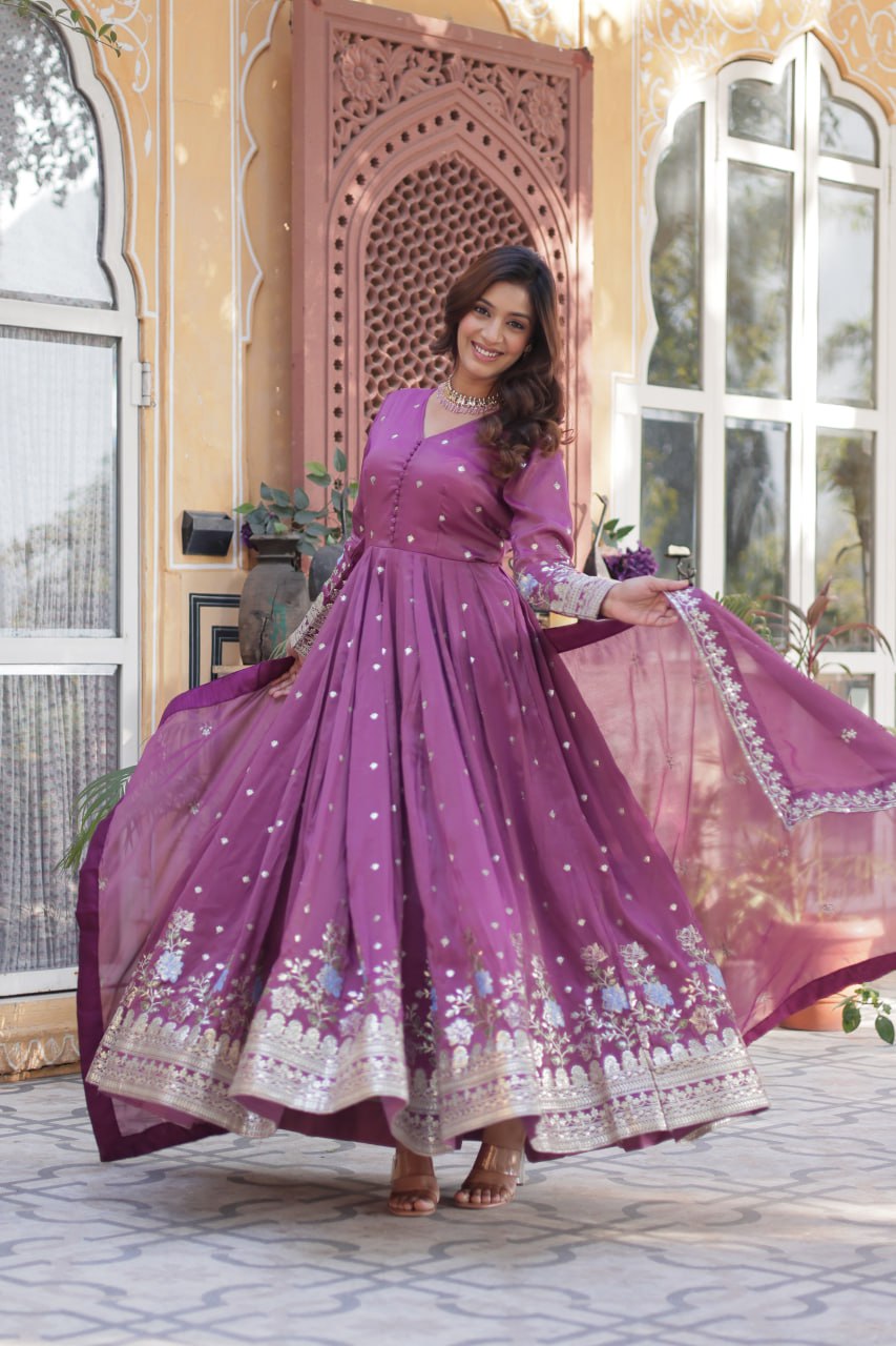 ropical Red & Purple Viscose Cosmos Anarkali Gown