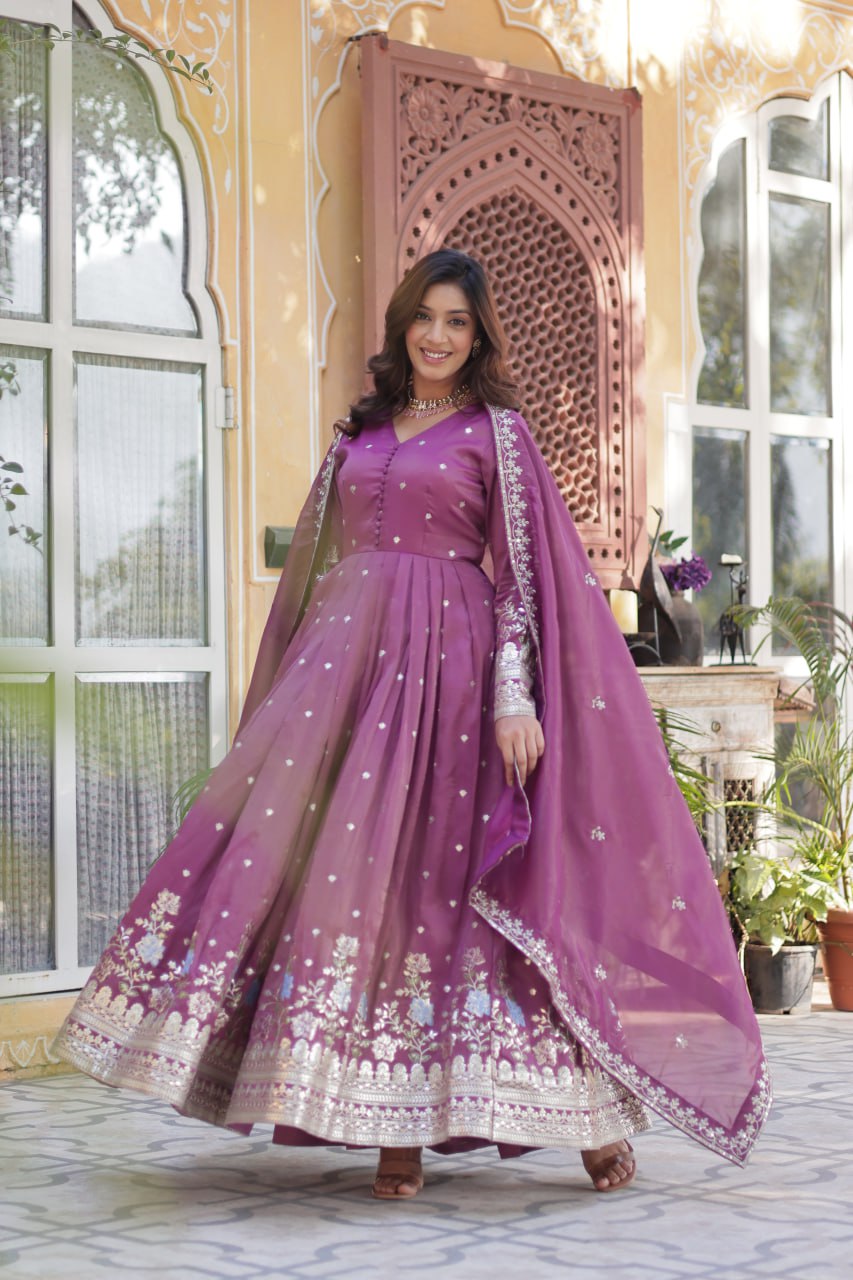 ropical Red & Purple Viscose Cosmos Anarkali Gown