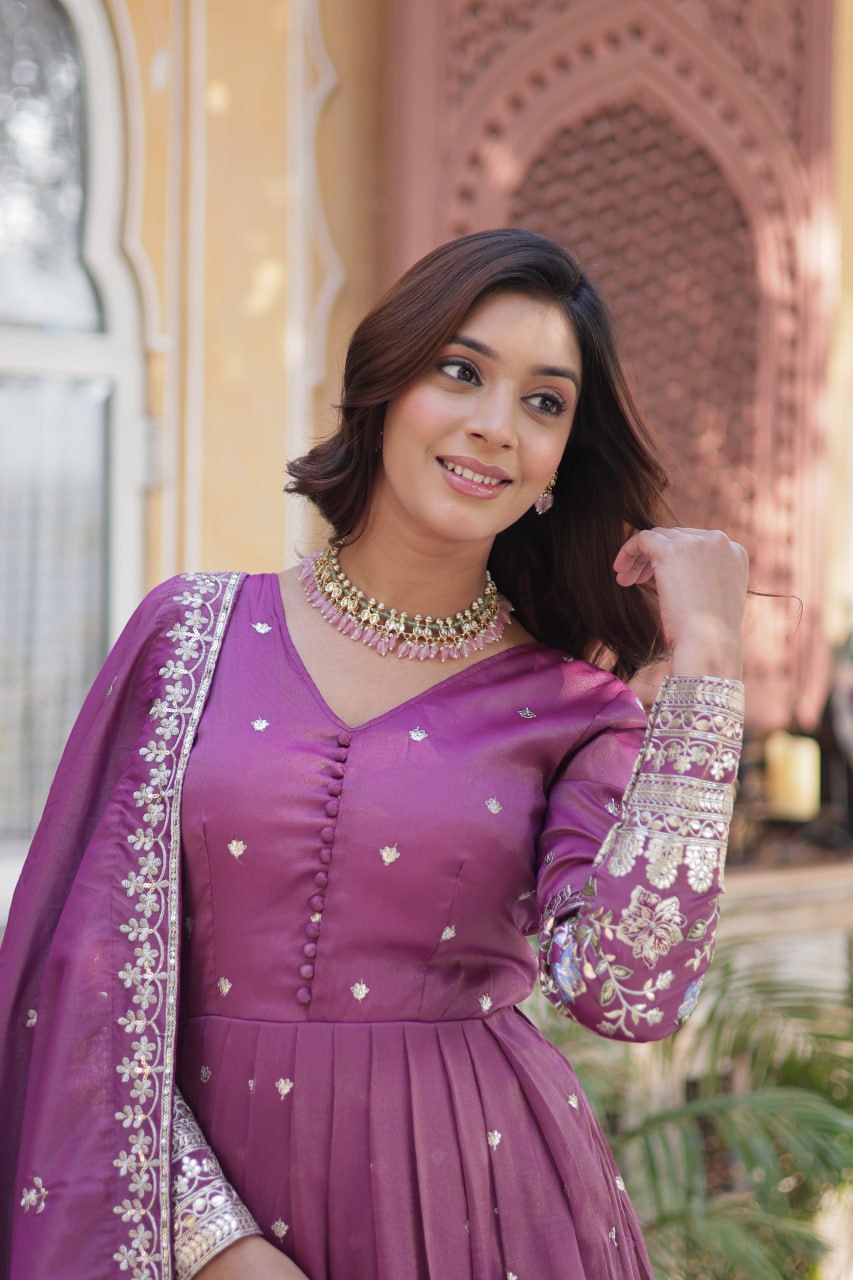 ropical Red & Purple Viscose Cosmos Anarkali Gown