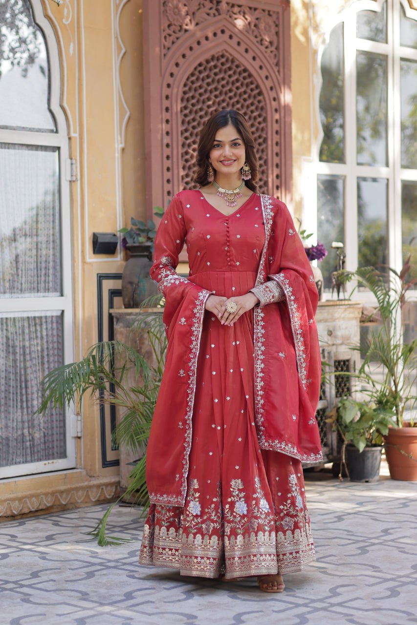 ropical Red & Purple Viscose Cosmos Anarkali Gown
