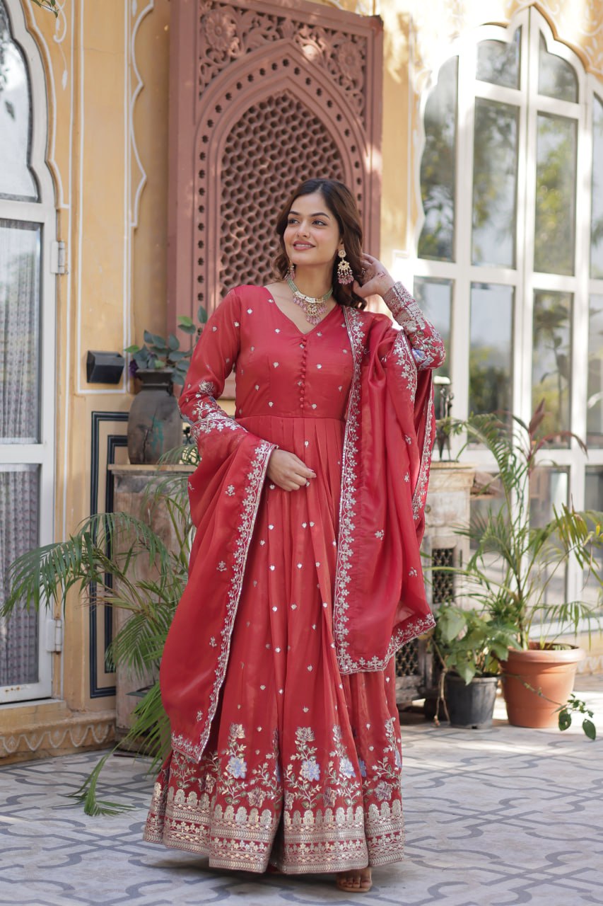 ropical Red & Purple Viscose Cosmos Anarkali Gown