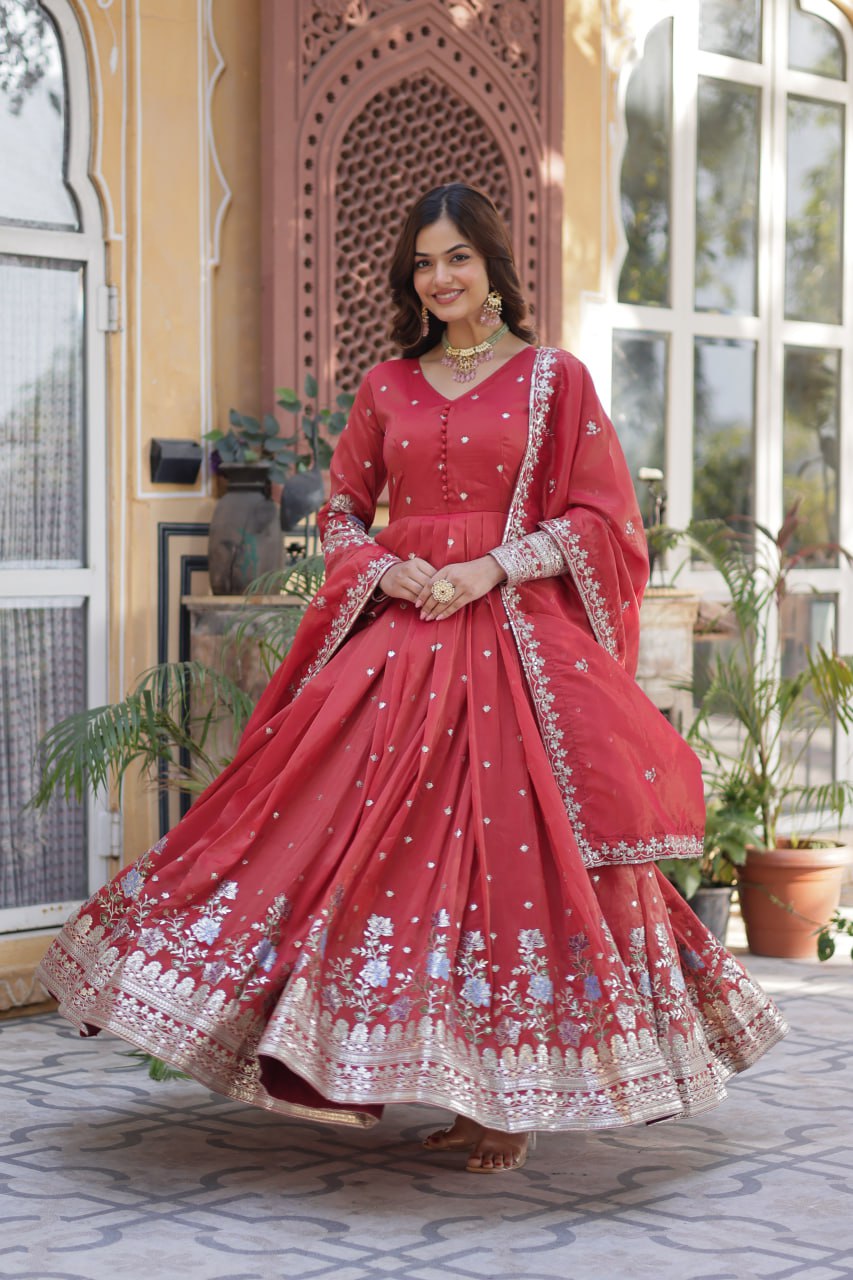 ropical Red & Purple Viscose Cosmos Anarkali Gown