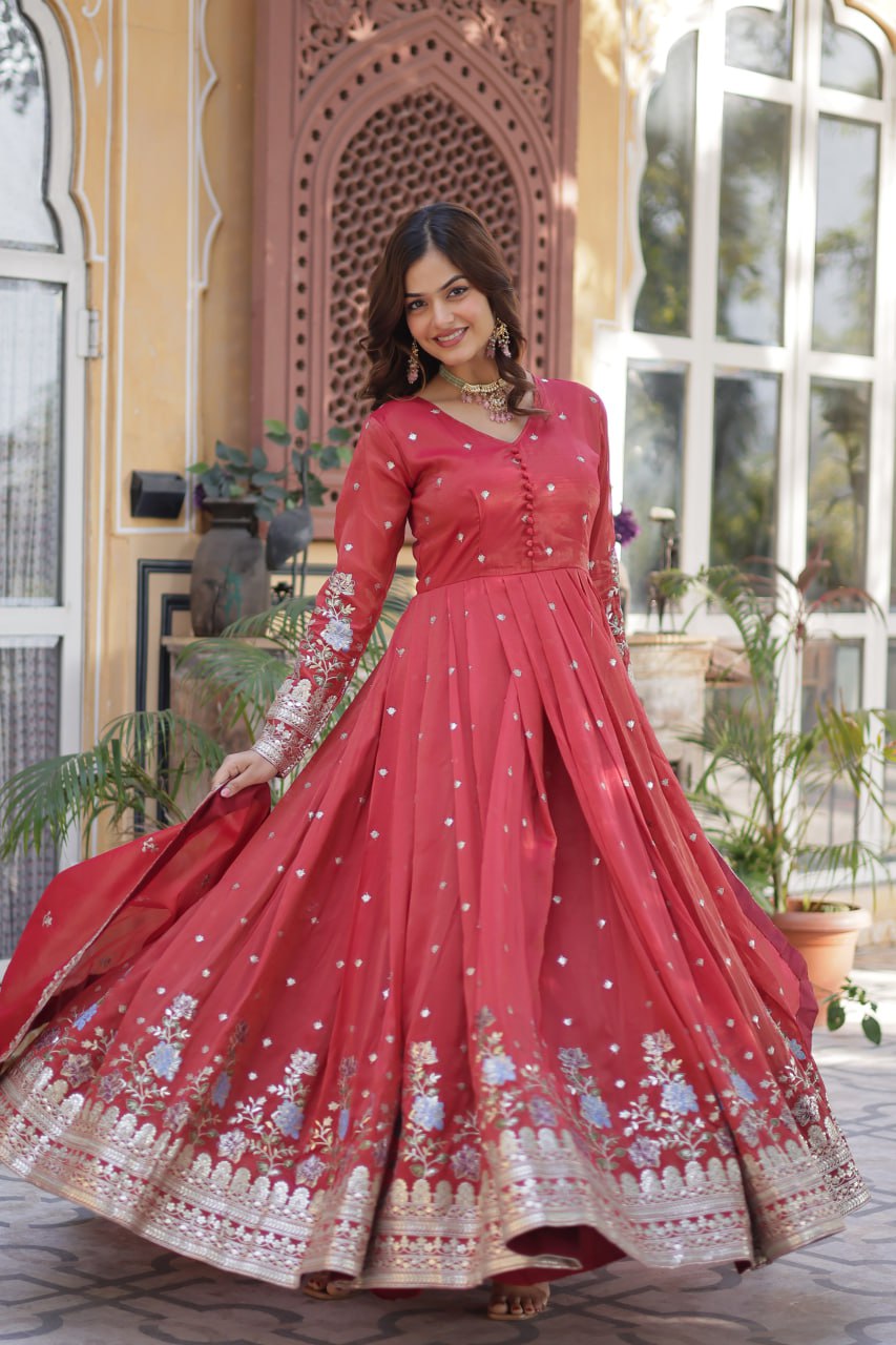 ropical Red & Purple Viscose Cosmos Anarkali Gown