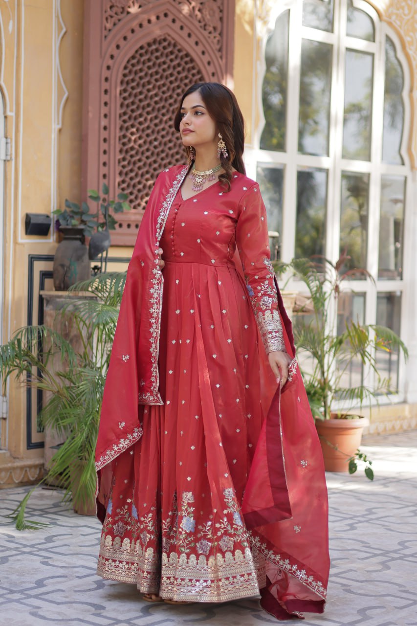 ropical Red & Purple Viscose Cosmos Anarkali Gown