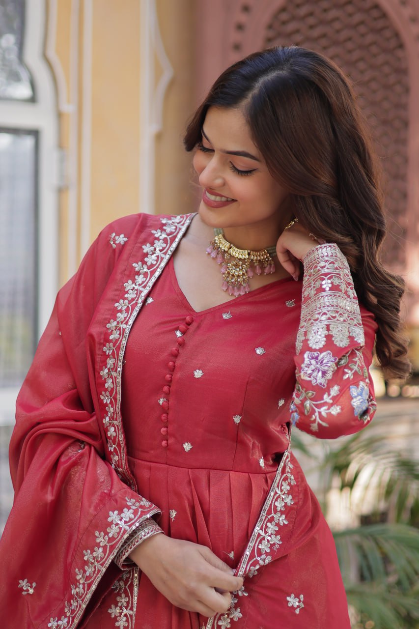 ropical Red & Purple Viscose Cosmos Anarkali Gown