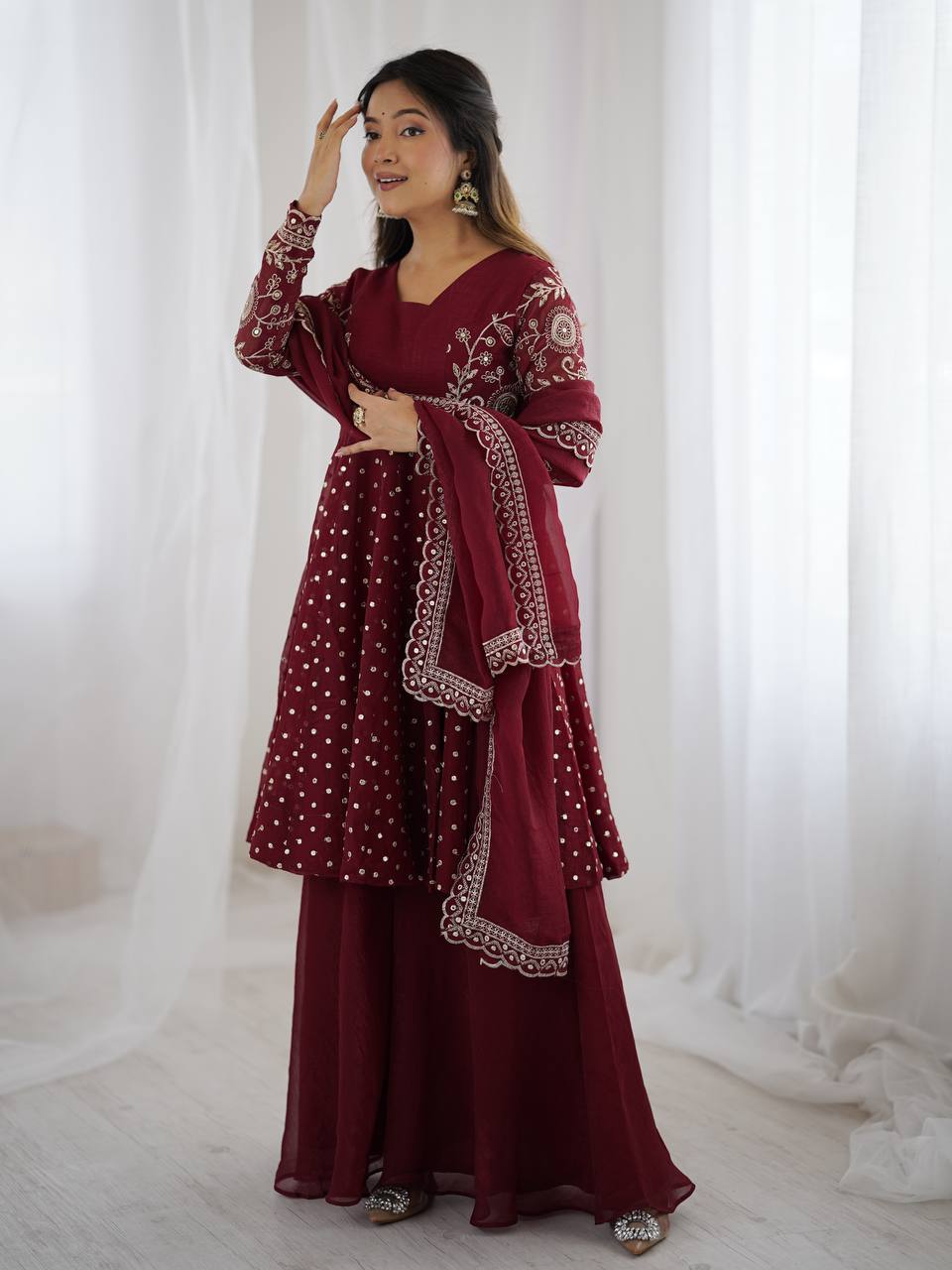 Avni in Maroon Majesty Mirror Work Anarkali Glam