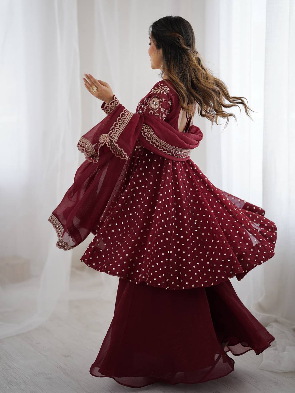 Avni in Maroon Majesty Mirror Work Anarkali Glam