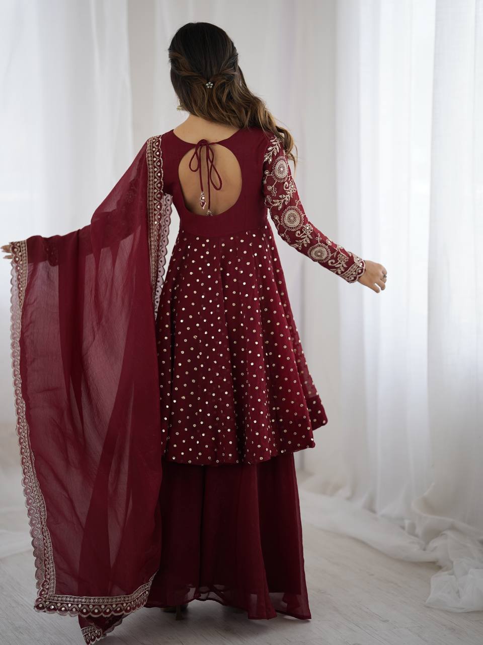 Avni in Maroon Majesty Mirror Work Anarkali Glam