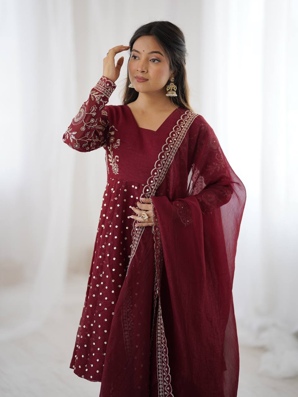 Avni in Maroon Majesty Mirror Work Anarkali Glam