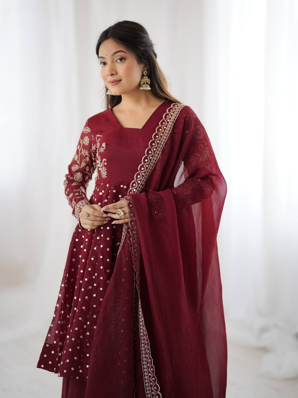 Avni in Maroon Majesty Mirror Work Anarkali Glam